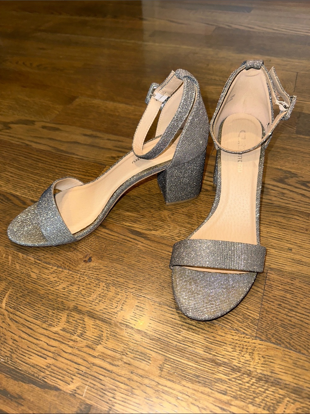 Call It Spring Silver Glitter Ankle-Strap Heels